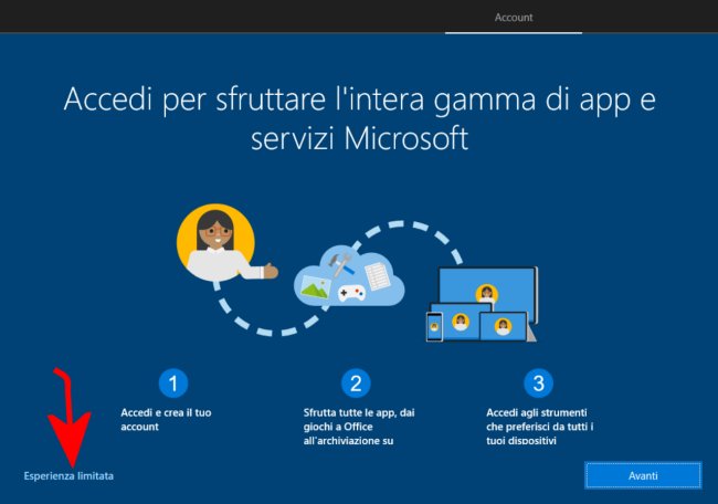 Installare Windows 10 con account locale senza account Microsoft