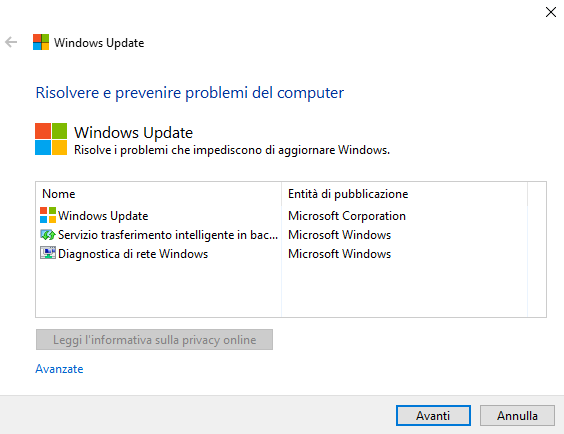 Aggiornamento di Windows non si installa e compare l'errore 0x80070020