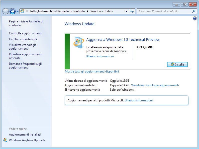 Aggiornare Windows 7 a Windows 10 con Windows Update