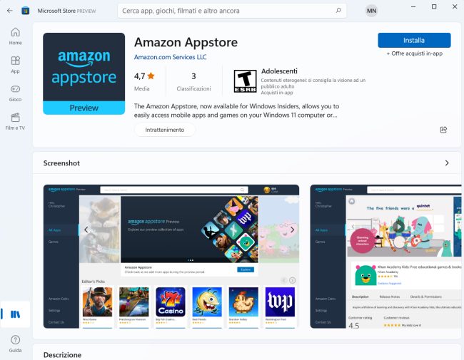 Installare ed eseguire app Android in Windows 11 con WSA e Amazon AppStore