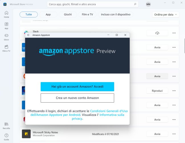Installare ed eseguire app Android in Windows 11 con WSA e Amazon AppStore