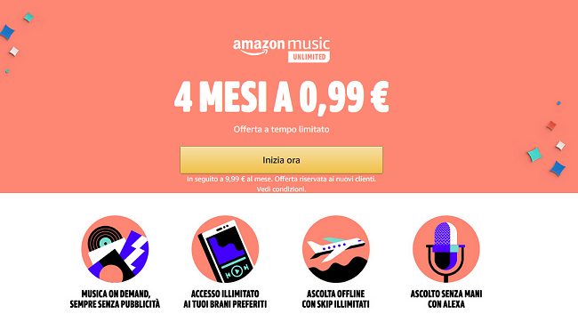 Amazon Music Unlimited per 4 mesi a 99 centesimi