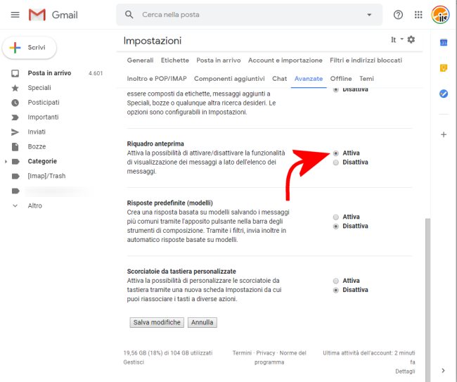 Come attivare il pannello di anteprima in Gmail