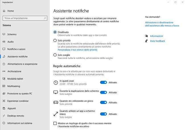 Assistente notifiche: cos'è e come funziona in Windows 10
