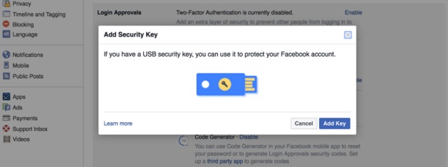 Facebook: login senza password con le chiavette FIDO U2F