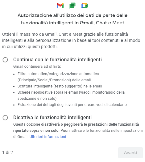 Autorizzazione all'utilizzo dei dati da parte delle funzionalità intelligenti in Gmail, Chat e Meet: cos'è