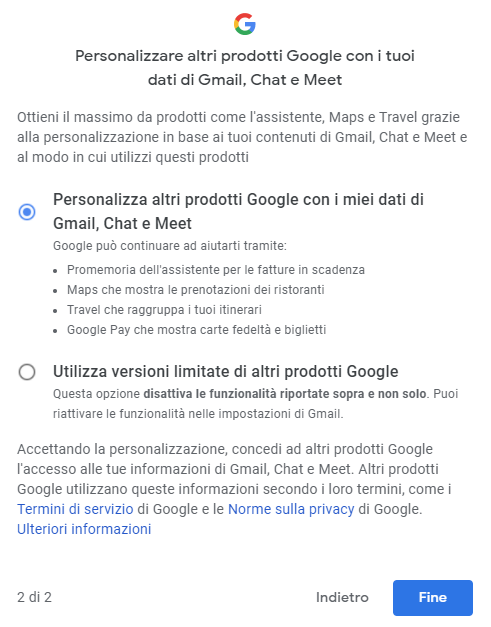 Autorizzazione all'utilizzo dei dati da parte delle funzionalità intelligenti in Gmail, Chat e Meet: cos'è