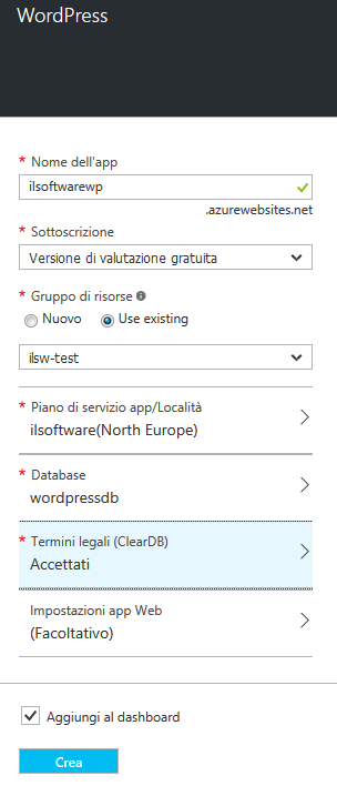 Creare un sito web con WordPress sulla piattaforma Azure