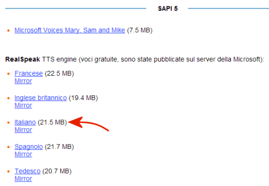 voci sapi5 italiano