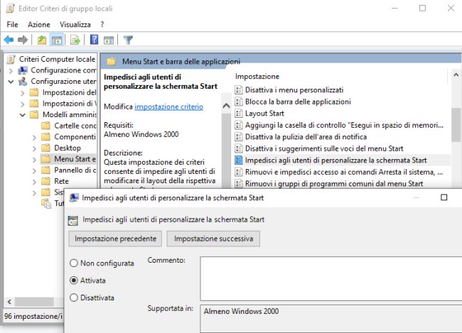 Bloccare il menu Start di Windows 10 e renderlo non modificabile