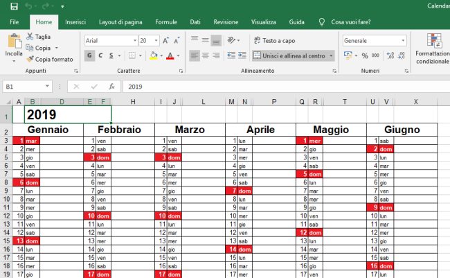 Calendario 2020 Excel Modificabile | Calendario 2020