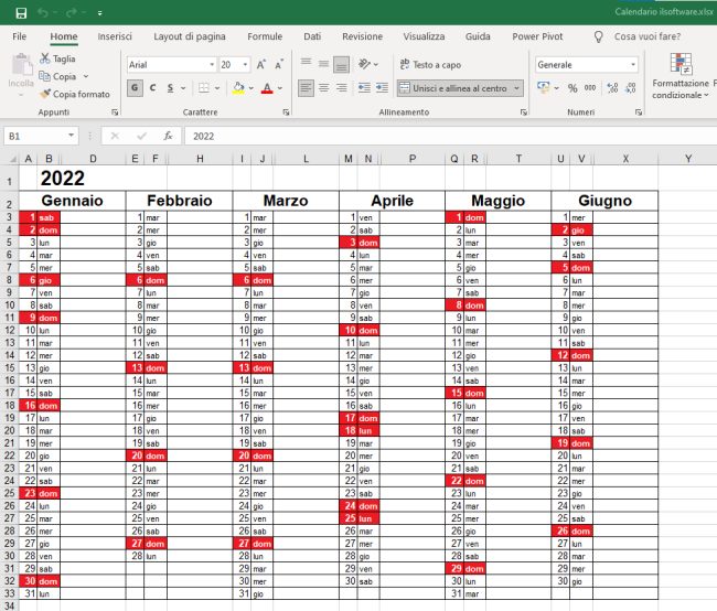 Calendario 2022 in formato Excel con le festività italiane