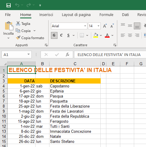 Calendario 2022 in formato Excel con le festività italiane
