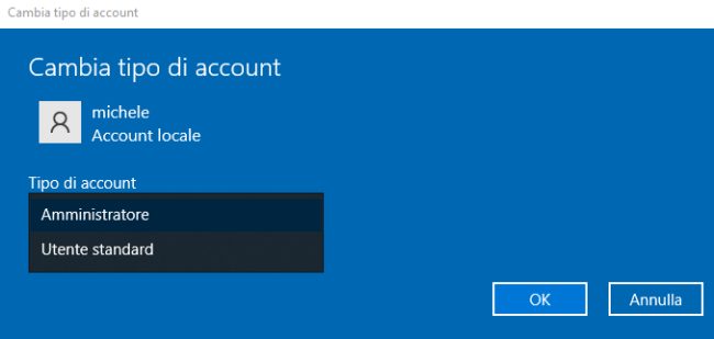 Come cambiare tipo di account in Windows 10