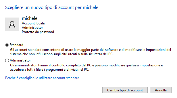 Come cambiare tipo di account in Windows 10