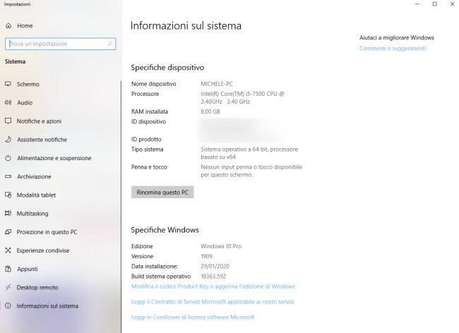 Caratteristiche PC: come vederle in Windows