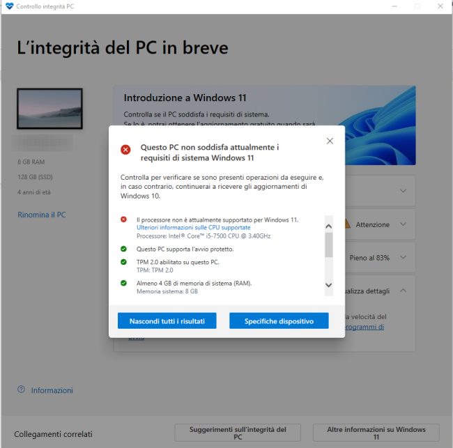 Windows 11 verificare requisiti minimi