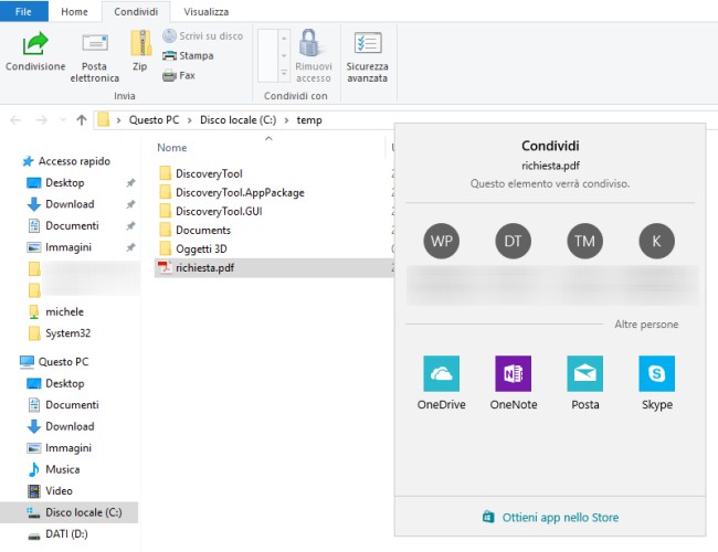 Condividere file e cartelle in Windows 10
