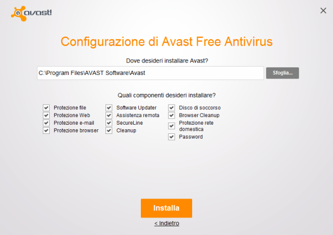 Configurare Avast antivirus e disinstallare i componenti superflui