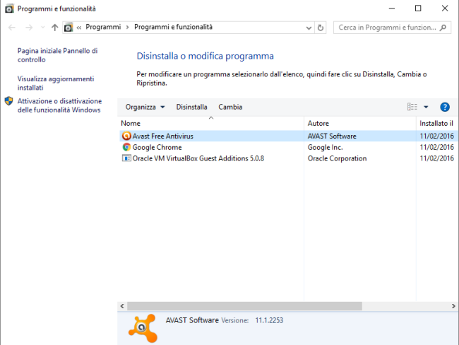 Configurare Avast antivirus e disinstallare i componenti superflui