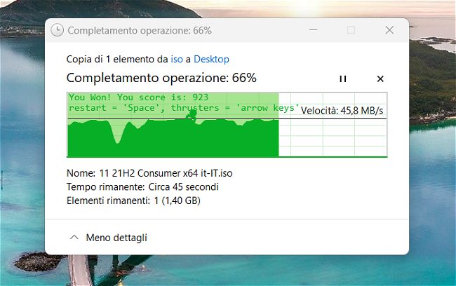 Finestra per la copia file di Windows si arricchisce di un gioco che ricorda un allunaggio: come funziona