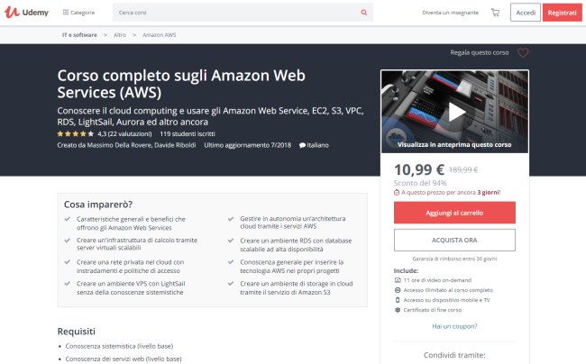 Corso completo Amazon Web Services (AWS) a 10,99 euro invece che 189,99 euro