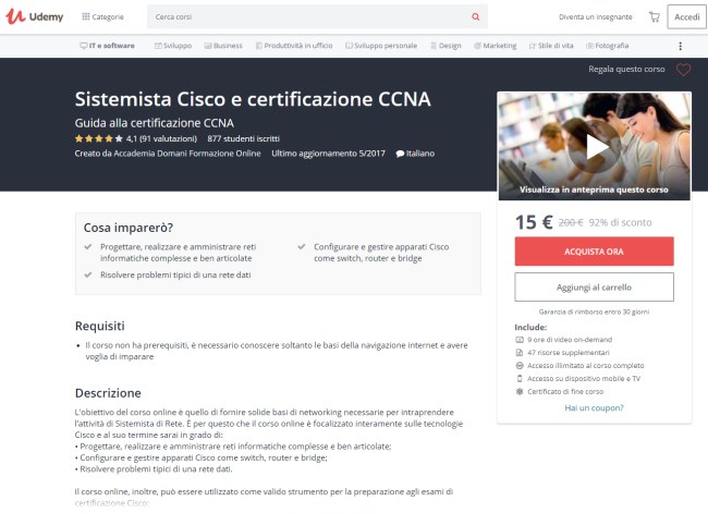 Corso sistemista Cisco e certificazione CCNA in offerta a 15 euro invece di 200