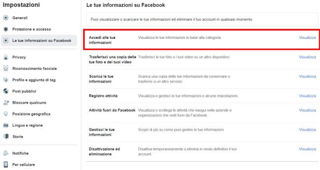 Cosa sa Facebook di me: scaricare foto e testi
