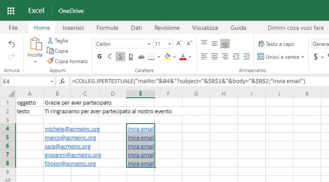 Come creare email usando formule Excel