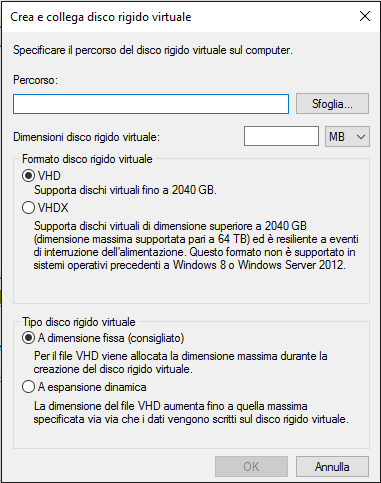 Creare hard disk virtuale in formato VHD