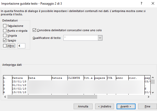 Incollare testi da PDF a Excel e suddividerli in righe e colonne