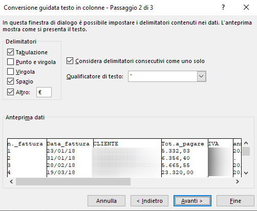 Incollare testi da PDF a Excel e suddividerli in righe e colonne