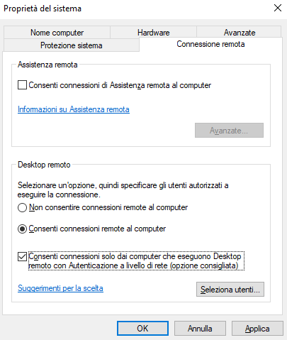 Desktop remoto con Windows 10 Pro o successivi e VPN