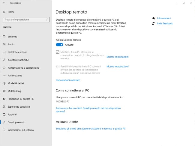 Desktop remoto con Windows 10 Pro o successivi e VPN