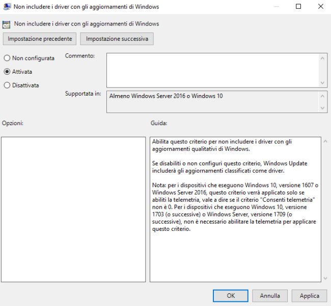 Come disattivare installazione driver in Windows 10