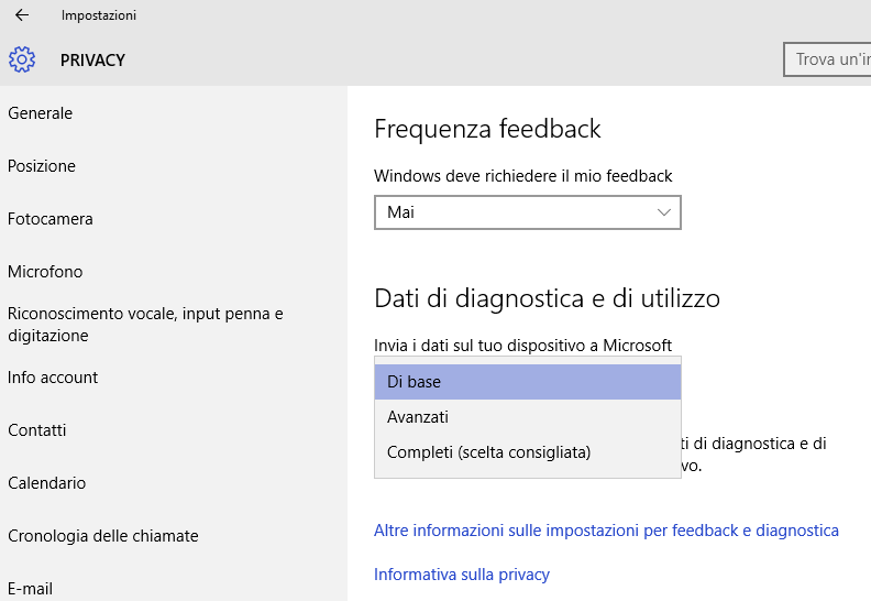 Disattivare telemetria e impostazioni di feedback in Windows 10 con un clic