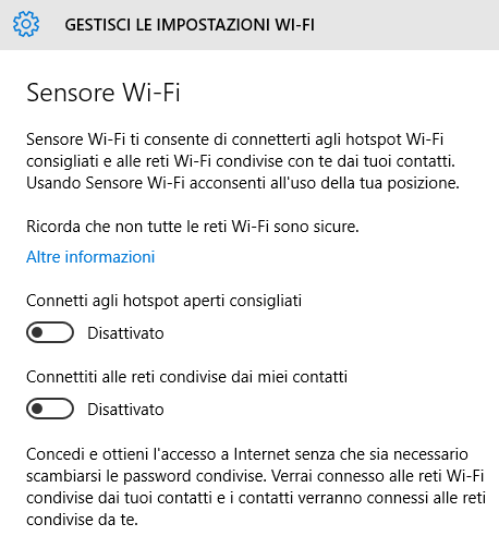 Disattivare WiFi Sense, Windows 10 elimina la funzione