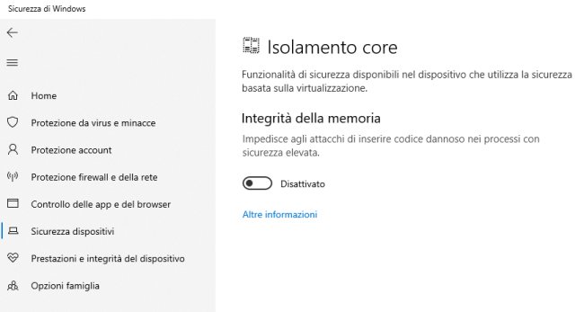 Windows 10, impossibile caricare un driver: può dipendere dall'Isolamento core