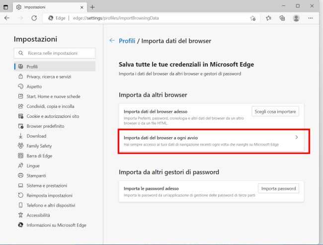 Edge: importare i dati da Chrome a ogni avvio del browser