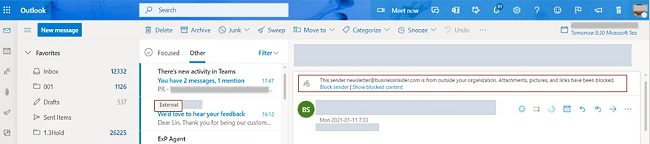 L'avviso che indica se un'email proviene dall'esterno dell'organizzazione può essere rimosso