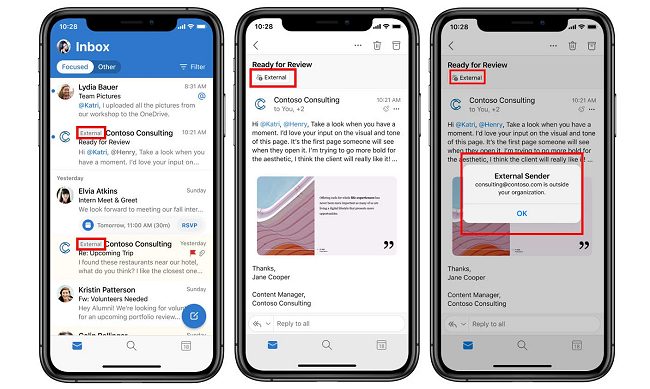 L'avviso che indica se un'email proviene dall'esterno dell'organizzazione può essere rimosso