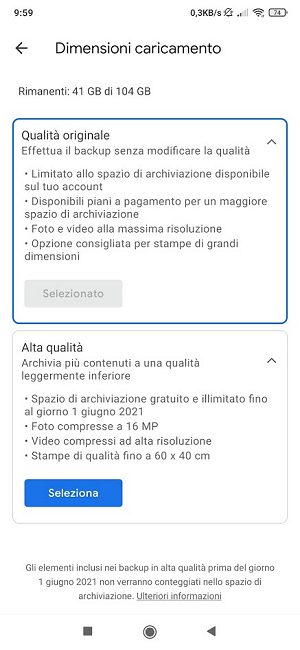 Google Foto: differenza tra qualità originale e alta qualità