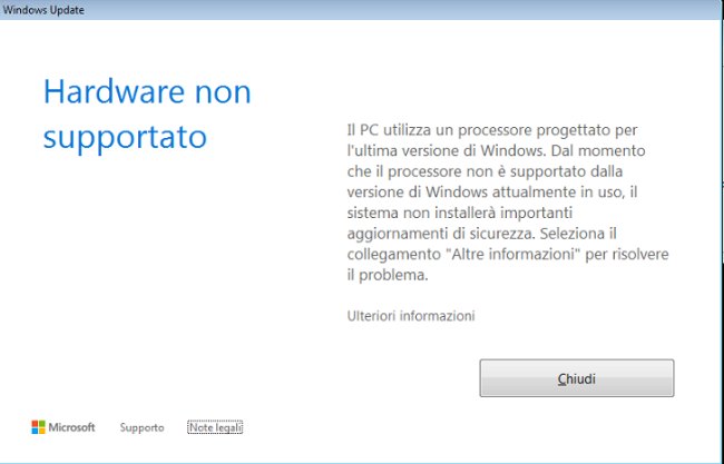 Hardware non supportato in Windows 7 e Windows 8.1 eseguendo Windows Update