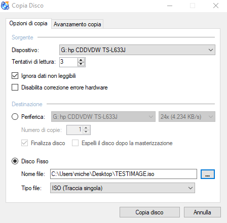 Creare immagine di backup di CD e DVD