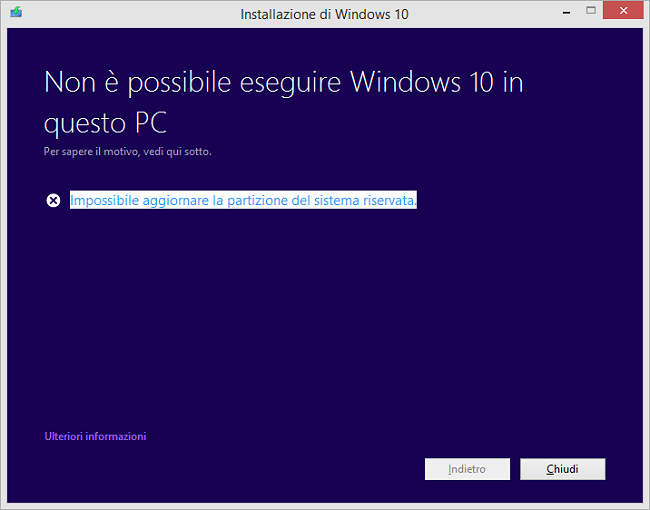 Windows 10, impossibile aggiornare la partizione del sistema riservata