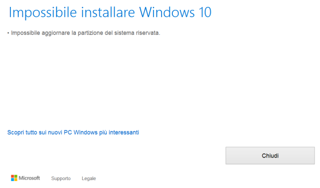 Windows 10, impossibile aggiornare la partizione del sistema riservata