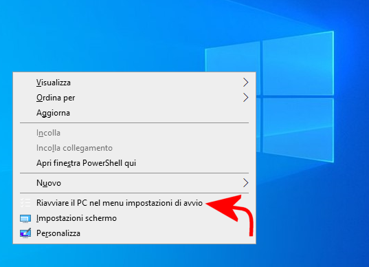 Windows 10: impostazioni di avvio richiamabili dal menu contestuale