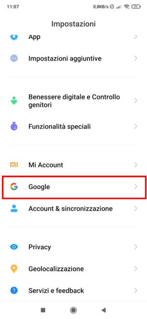 Impostazioni Google Android: schermata di accesso