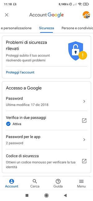 Impostazioni Google Android: attivazione autenticazione due fattori