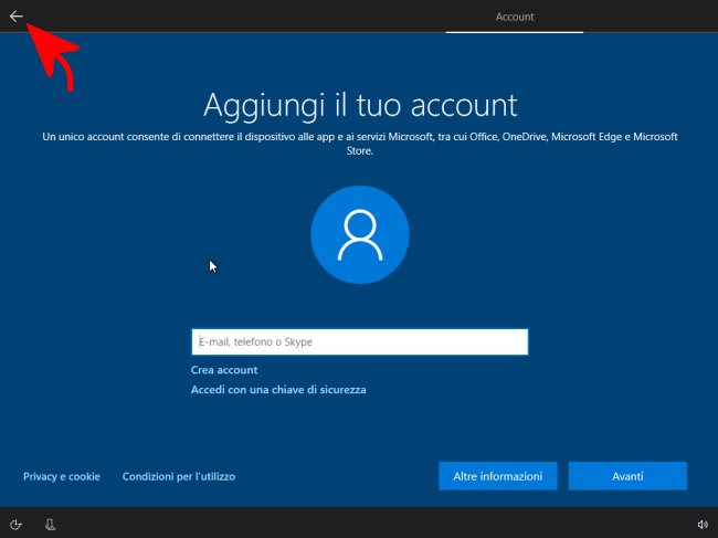 Installare Windows 10 con account locale senza account Microsoft